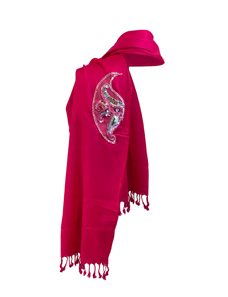 Vibrant fuchsia Turkish linen shawl featuring a handcrafted beaded mask motif and tassel edges.