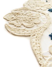 Perspective shot of the scalloped Roman lace edges and textured stitching.