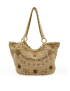 Handmade beige jute handbag featuring boho beadwork, floral details, and wooden ring handles.