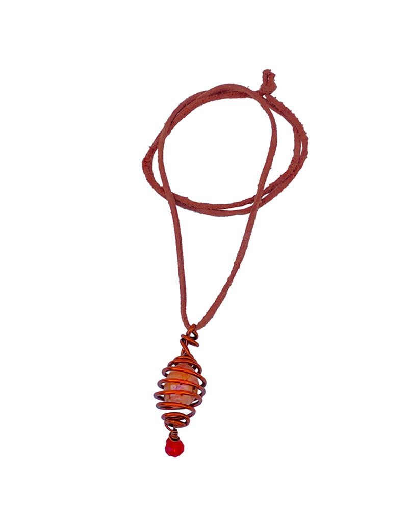 Copper wire-wrapped Aqeeq stone pendant necklace on leather cord.
