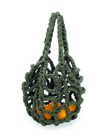 Dark olive green handmade crochet mesh market bag filled with oranges.