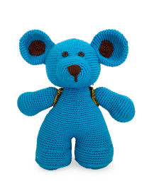 Front view of a blue crochet bear with brown ears and black button eyes.
