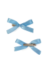 Front and rear detail of a light blue mini bow hair accessory.