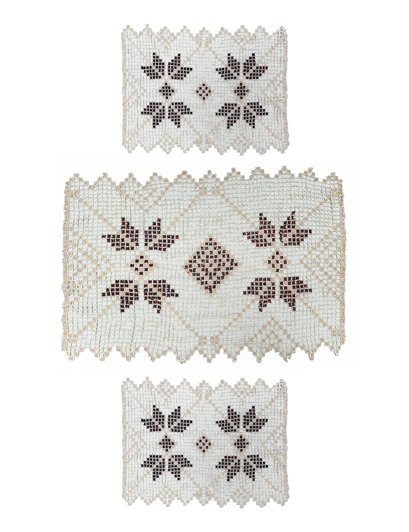 Complete 3-piece set of cream and brown beaded tablecloths showing one large and two small pieces.
