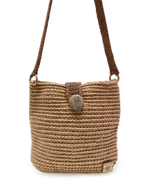 Close-up of the textured crochet weave and magnetic closure.