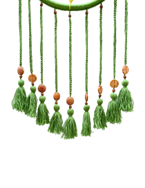 Row of braided green cords with decorative wooden beads and yarn tassels.